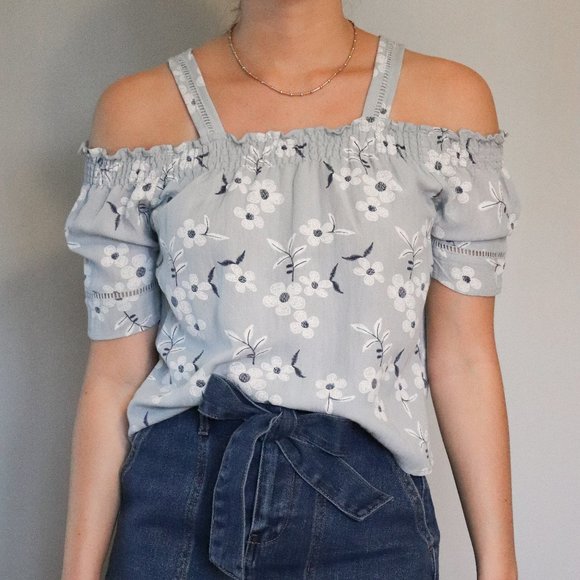 Off the Shoulder Light Blue Flower Top | 006 - Picture 1 of 4